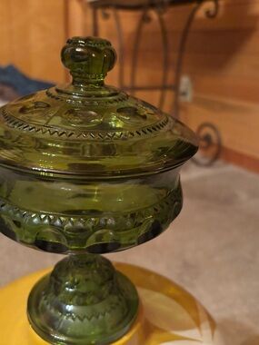 Anchor Hocking Green Pressed Glass Covered Compote